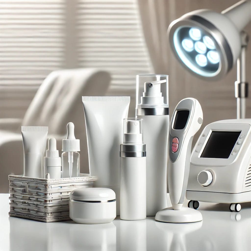 Close-up of skin whitening creams and laser treatment equipment at a professional clinic in Delhi, emphasizing advanced skin whitening treatments