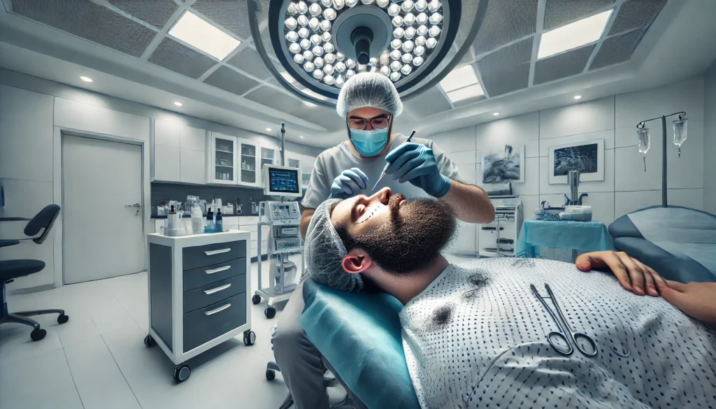 Wide-angle view of a beard hair transplant procedure in a modern clinic, with a surgeon carefully performing the treatment.